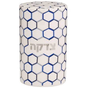 Picture of Ceramic Tzedakah Box Honeycomb Design Silver Accent White 5.5"